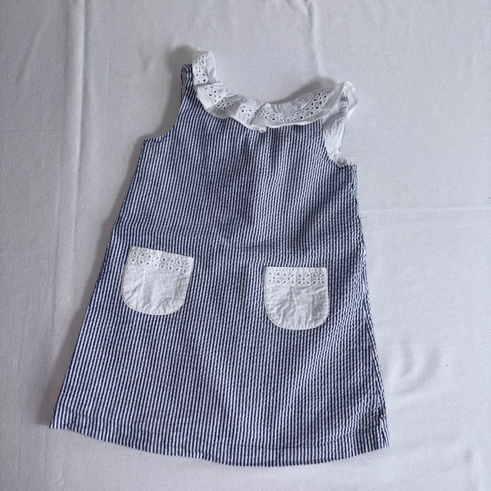 Janie and Jack Seersucker Dress 3 Blue Excellent Eyelet Lace Ruffle Stripe